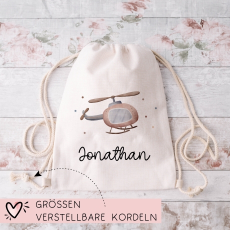Hubschrauber Turnbeutel Rucksack mit Namen - GymBag als Wäschebeutel, Sportbeutel Kinderbeutel für Schule, Kindergarten, Kita.Personalisiert