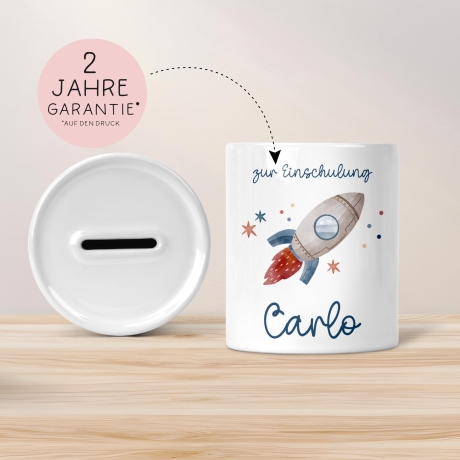 Einschulung Spardose Rakete für Kinder - Personalisiert Rakete Weltraum und Namen - Geschenk für Junge & Mädchen zur Einschulung Schule