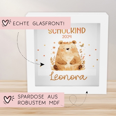 Spardose zur Einschulung Bär Schulkind 2024 mit Wunschname Name Kind personalisiert Kinder Geburtstagsgeschenk mit Wunschtext