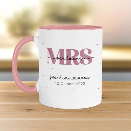 Mr & Mrs Tasse Hochzeit personalisiert mit Wunschnamen und Datum – Namenstasse Hochzeitsgeschenk - Braut Bräutigam – Kaffeetasse - 330 ml
