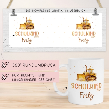 Schulkind 2024 Tasse Kindertasse, Wunschnamen Bagger Motiv, Personalisierte Einschulung Geschenk