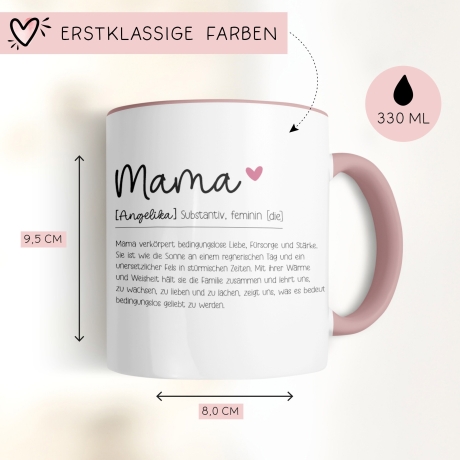 Personalisierte Tasse/Becher Geschenk Mama Muttertag mit Wunschnamen - Tasse Mama Definition Wörterbuch Duden 330 ml – Innen & Henkel - Rosa
