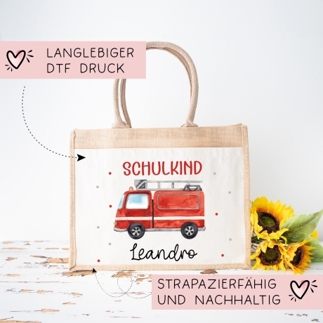 Feuerwehrauto Schulkind Tasche Wunschnamen 2024 | 100% Jute | Löschzug Brandwache | Geschenk Einschulung | Schultüte personalisiert | Schule