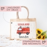 Feuerwehrauto Schulkind Tasche Wunschnamen 2024 | 100% Jute | Löschzug Brandwache | Geschenk Einschulung | Schultüte personalisiert | Schule
