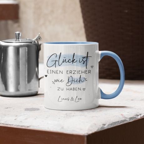 Personalisierte Tasse mit Spruch Glück ist einen Erzieher wie dich zu haben zum Geburtstag, Geschenk, Ostern, Weihnachtsgeschenk, Abschied