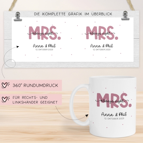 Mr & Mrs Tasse Hochzeit personalisiert Becher mit Wunschnamen und Datum – Namenstasse Hochzeitsgeschenk - Braut Bräutigam – Kaffeetasse
