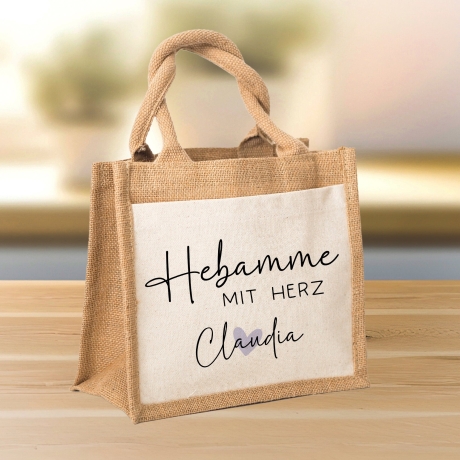 Hebamme mit Herz Tasche mit Namen - kleines Geschenk - Dankeschön Juteasche Abschiedsgeschenk - Beste Hebamme mit Wunschtext