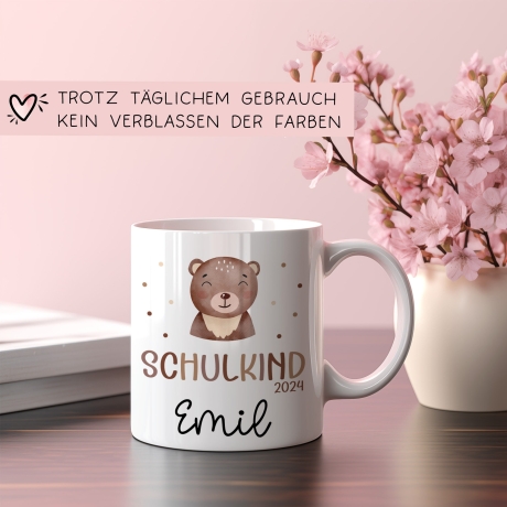 Schulkind 2024 Tasse, personalisierte Kindertasse mit Namen, Einschulungsgeschenk Bär