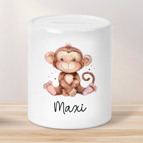 Personalisierte Kinder Spardose Affe Tier mit Namen optional Datum - Braun - Geschenk für Junge & Mädchen zum Geburtstag Weihnachten Firmung