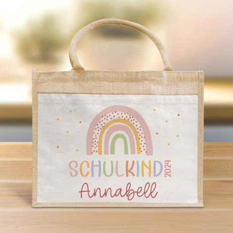 Schulkind 2024 Tasche, Regenbogen Rosa Mädchen, Geschenk Einschulung, Schultüte, personalisierte Jutetasche, Einschulungsgeschenk