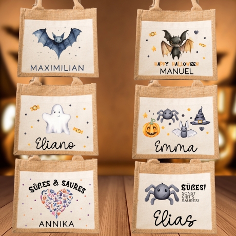 Halloween Tasche mit Namen - Wunschnamen aus Jute - Fledermaus Geist Spinne - Süßes oder Saures - Personalisiert - Für Kinder ab 2 Jahre