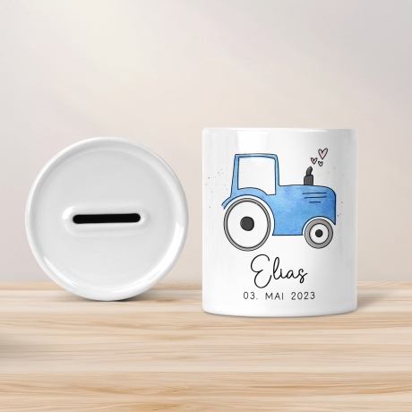Traktor Blau Personalisiert Spardose Trecker mit Wunschname - Sparschwein -Geschenk-Geburtstag-Weihnachten-Geldgeschenk mit Wunschtext