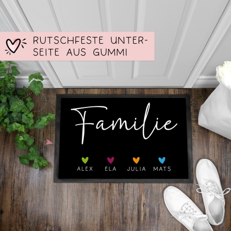 Personalisierte Fußmatte - Fussmatte mit Wunschnamen | Familie mit Herzen | 60x40 cm | Geschenkidee zum Umzug, Einzug für Familien, Umzug