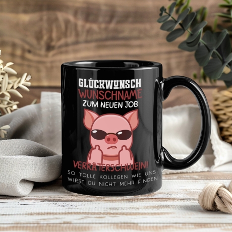 Neuer Job Tasse mit Namen - Abschiedsgeschenk Kollegen - Personalisierte Tasse mit Spruch: Glückwunsch zum neuen Job Kaffeetasse Sparschwein