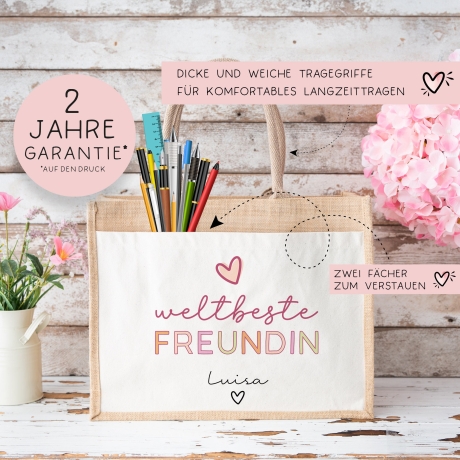 Weltbeste Freundin Tasche Stoffbeutel Jute - mit Wunschname - Einkaufstasche - Beste Freundin BFF Geschenkidee Geburtstag - Personalisiert