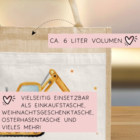 Schaufelbagger Pocket Tasche Wunschnamen | 100% Jute | Bagger Baustelle | Geschenk Einschulung | Schultüte personalisiert oder Weihnachten