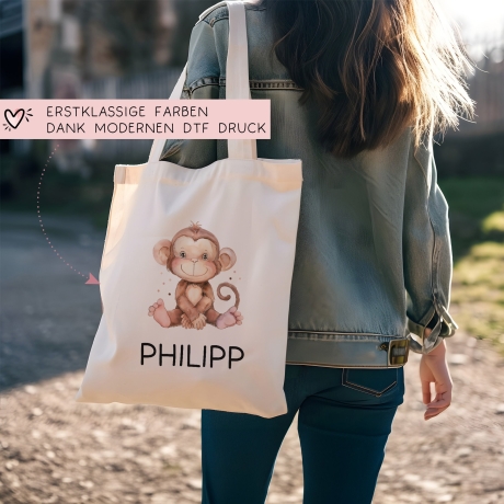 Kinder-Beutel mit Namen personalisiert - Affe - Stofftasche als Sporttasche, Wechselwäsche, Tragetasche - Kita, Kiga, Schule & Kindergarten
