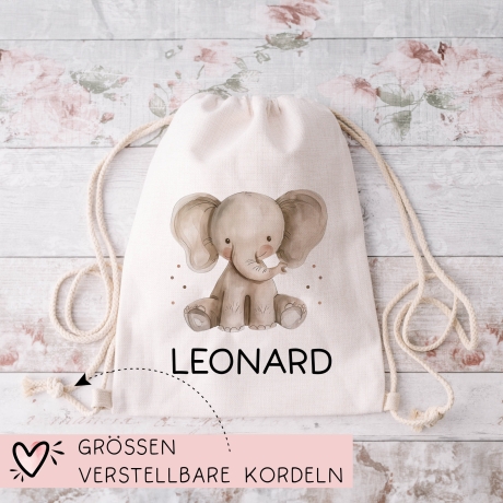 Personalisierter Turnbeutel mit einem Elefant | mit Wunschnamen | Tierkinder | Rucksack für Schule, Kindergarten, KITA und KIGA Wäschebeutel