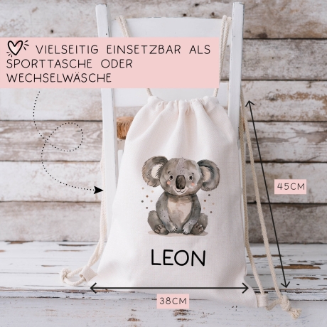 Personalisierter Turnbeutel mit einem Koala | mit Wunschnamen | Tierkinder | Rucksack für Schule, Kindergarten, KITA und KIGA Wäschebeutel