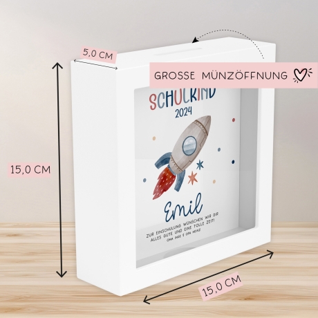 Spardose Rakete Schulkind 2024 Einschulung mit Wunschname Name Kind personalisiert Kinder Geburtstagsgeschenk mit optionalen Wunschtext