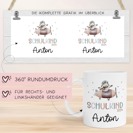 Kindertasse Schulkind 2024 mit Flugzeug-Motiv - personalisierte Kakao Tasse mit Namen - ideales Kindergeschirr - perfektes Geschenk Kinder