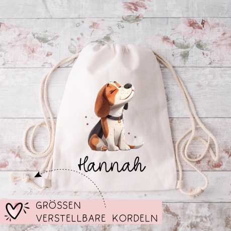 Personalisierter Turnbeutel Hund Beagle Wunschnamen für Schule, Kindergarten, KITA , KIGA l als Wäschebeutel, Sportbeutel l Weihnachten