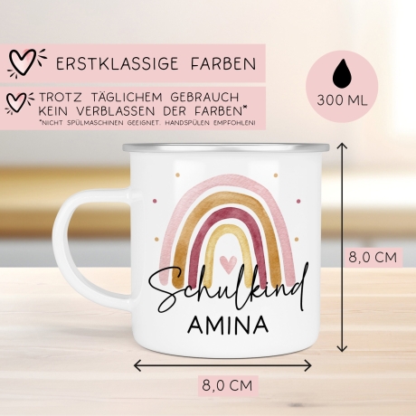 Schulanfang Schulkind Emaille Tasse Becher | Personalisiert mit Wunschnamen | Kindertasse zur Einschulung | Regenbogen Rosa Geschenk