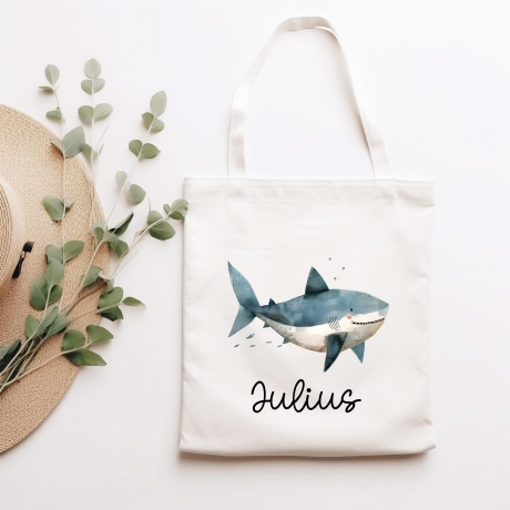 Stofftasche Beutel mit Namen Hai - Personalisierte Kinder Beutel Kindertasche - Wechselwäsche, Schmutzwäsche Tragetasche - Wechselkleidung