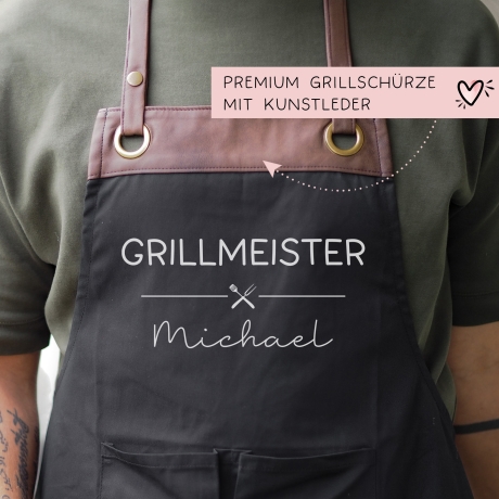 Grillschürze Grillmeister personalisiert für Männer mit Kunstleder Applikation zum 60. Geburtstag -Baumwollschürze, Küchenschürze, Geschenk