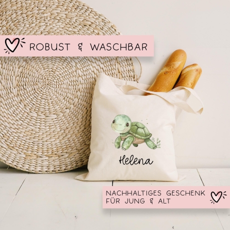 Personalisierte Stofftasche Schildkröte - Kinder Beutel Kindertasche mit Namen - Wechselwäsche, Schmutzwäsche Tragetasche - Wechselkleidung