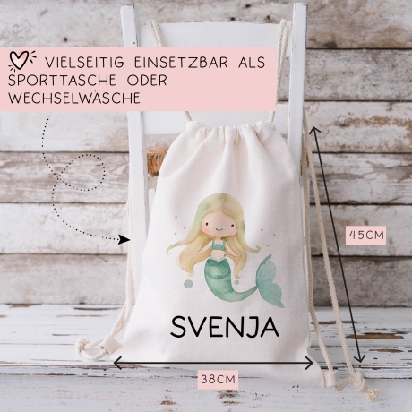 Personalisiert Meerjungfrau Einschulung Stofftasche Kindergarten Wäschebeutel Kinder-Beutel mit Wunschnamen für Schule, Wechselwäsche