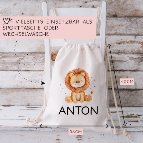 Personalisierter Turnbeutel Löwe Wunschnamen | Tierkinder | Rucksack für Schule, Kindergarten, KITA und KIGA Wäschebeutel