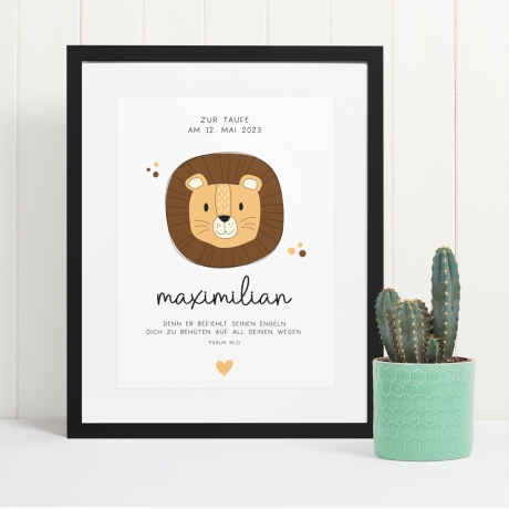 Personalisiertes Poster zur Taufe mit eigenen Namen und Taufspruch mit einem Löwen| Taufposter| Geschenk zur Taufe | Geschenk für Patenkind