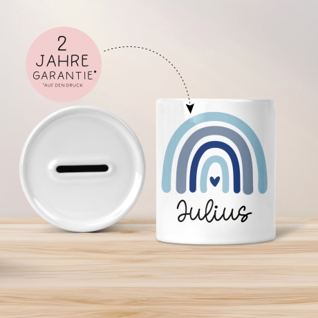 Personalisierte Spardose Regenbogen mit Namen und Datum - Blau - Geschenk für Junge zum Geburtstag Weihnachten Firmung Geburt Einschulung