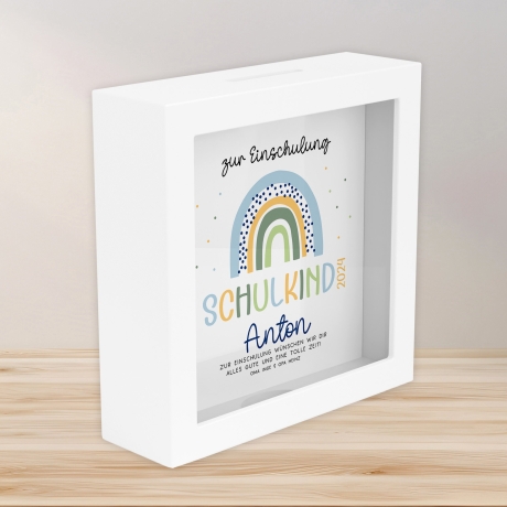 Spardose Regenbogen Blau Boho Schulkind 2024 Einschulung mit Wunschname Name Kind personalisiert Kinder mit optionalen Wunschtext