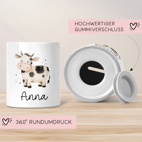 Spardose mit Namen Kuh Tier Personalisiert optional mit Datum - Schwarz Weiß - Geschenk für Junge & Mädchen zum Geburtstag Weihnachten