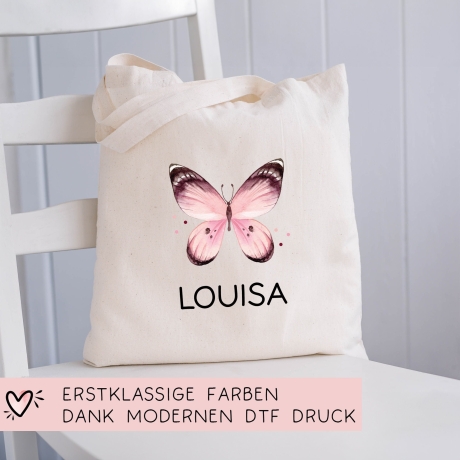 Rosa Schmetterling Stoff Tasche Personalisiert und Namen. Für Kindergarten und Schule - Wäschebeutel Wechselwäsche KITA | Mädchen & Junge