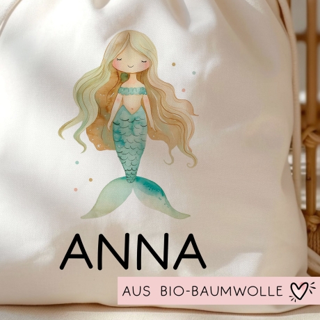 Einschulung Stofftasche Personalisiert Meerjungfrau Kindergarten Wäschebeutel Kinder-Beutel mit Wunschnamen für Schule, Wechselwäsche