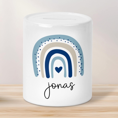 Personalisierte Spardose mit Namen und Datum – Regenbogen Blau -Geschenk für Jungen zum Geburtstag Kommunion Firmung Geburt Einschulung