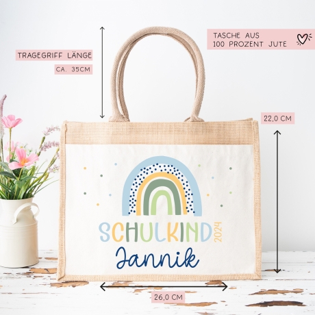Schulkind 2024 Tasche , Regenbogen Blau Schultasche, Geschenk Einschulung, Schultüte, personalisierte Jutetasche, Einschulungsgeschenk Jungs