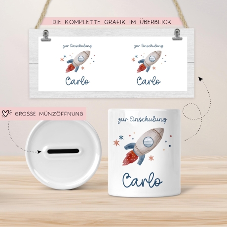 Einschulung Spardose Rakete für Kinder - Personalisiert Rakete Weltraum und Namen - Geschenk für Junge & Mädchen zur Einschulung Schule