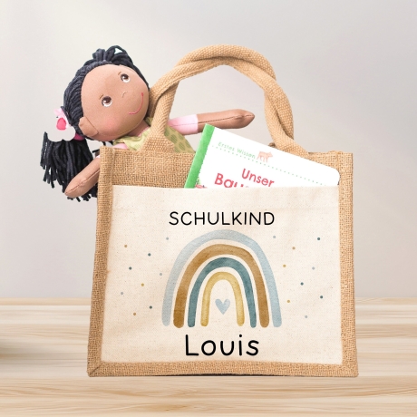Einschulung Jute Pocket Tasche Personalisiert mit Wunschnamen | Schulkind Regenbogen Herz als Geschenktasche für Schulanfang - 1 Schultag