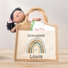 Einschulung Jute Pocket Tasche Personalisiert mit Wunschnamen | Schulkind Regenbogen Herz als Geschenktasche für Schulanfang - 1 Schultag