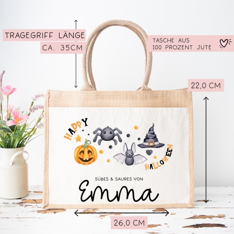 Halloween Tasche mit Namen | Süßes oder Saures | Wunschnamen | Candy Bag aus Jute | Tragetasche für Kinder für Süßigkeiten | Kürbis Spinne