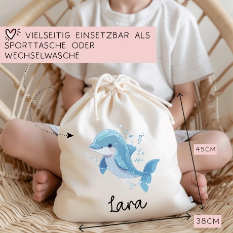 Turnbeutel Wäschebeutel Delfin Delphin - Personalisiert - Wunschnamen - Schule - mit Name - Rucksack - Wechselkleidung - Weihnachten