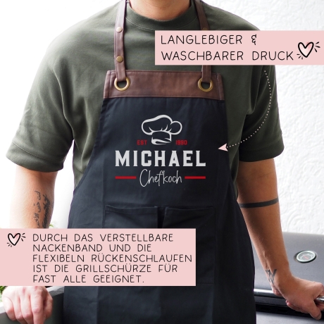 Grillschürze Chefkoch personalisiert für Männer mit Name Kunstleder Applikation zum Geburtstag - Weihnachten Baumwollschürze, Küchenschürze