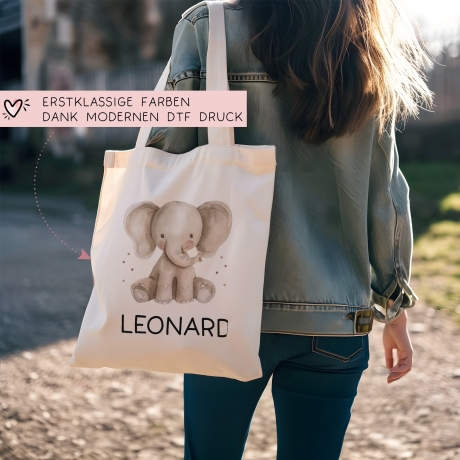 Kinder-Beutel mit Namen personalisiert - Elefant - Stofftasche als Sporttasche, Wechselwäsche, Tragetasche - Kita, Schule & Kindergarten