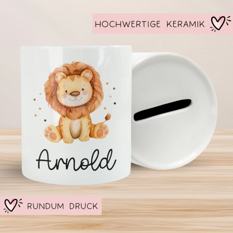 Personalisierte Kinder Spardose Löwe Tier mit Namen optional mit Datum - Gelb - Geschenk für Junge & Mädchen zum Geburtstag Weihnachten