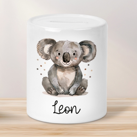 Personalisierte Kinder Spardose Koala Tier mit Namen optional mit Datum - Braun - Geschenk für Junge & Mädchen zum Geburtstag Weihnachten