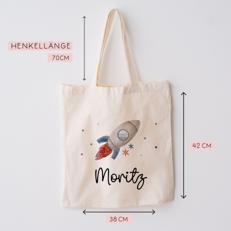 Rakete Stofftasche Tasche Kinder-Beutel mit Namen Wunschname als Sporttasche, Wechselwäsche, Tragetasche - Kita, Schule & Kindergarten